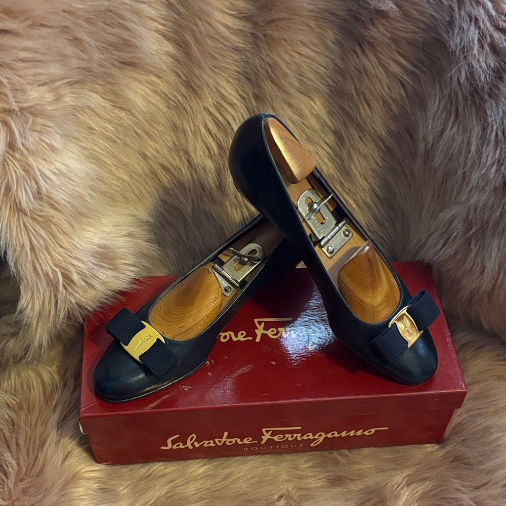 Salvatore Ferragamo Black Vara Bow Flats with Gold Accent